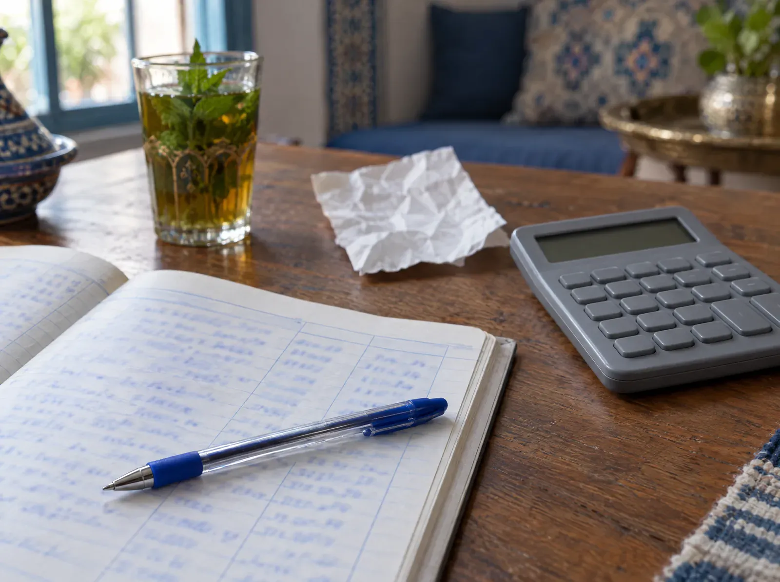 Cahier de comptes ouvert sur une table, avec un stylo, une calculatrice et un verre de thé