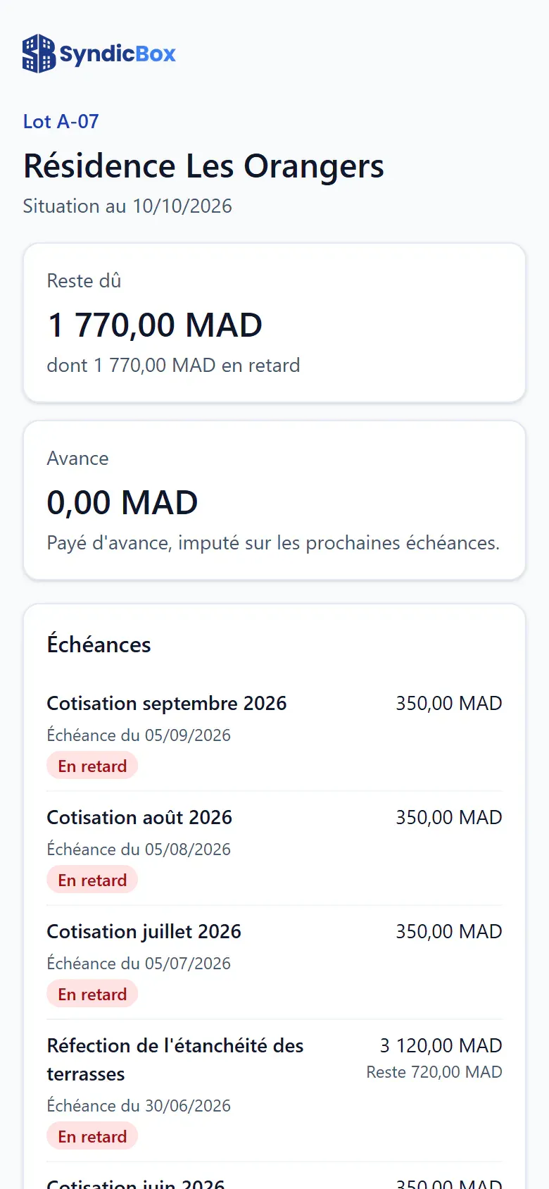 Capture du portail des copropriétaires sur téléphone : situation d’un lot