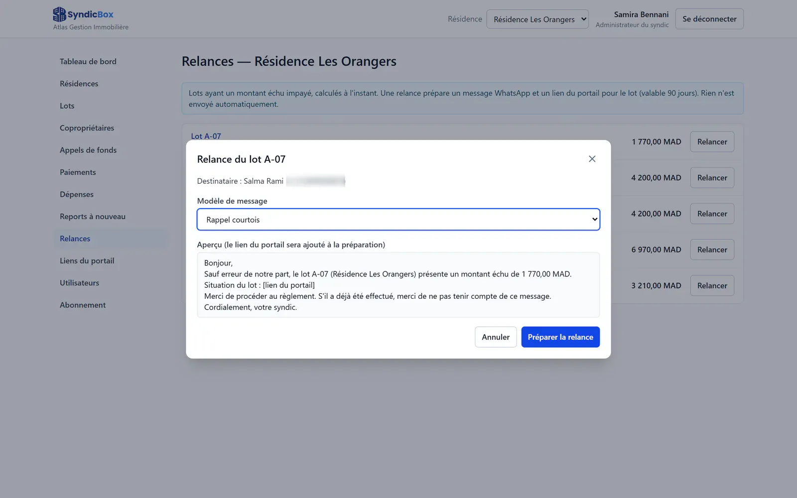 Capture de la liste des relances : lots en retard et message préparé
