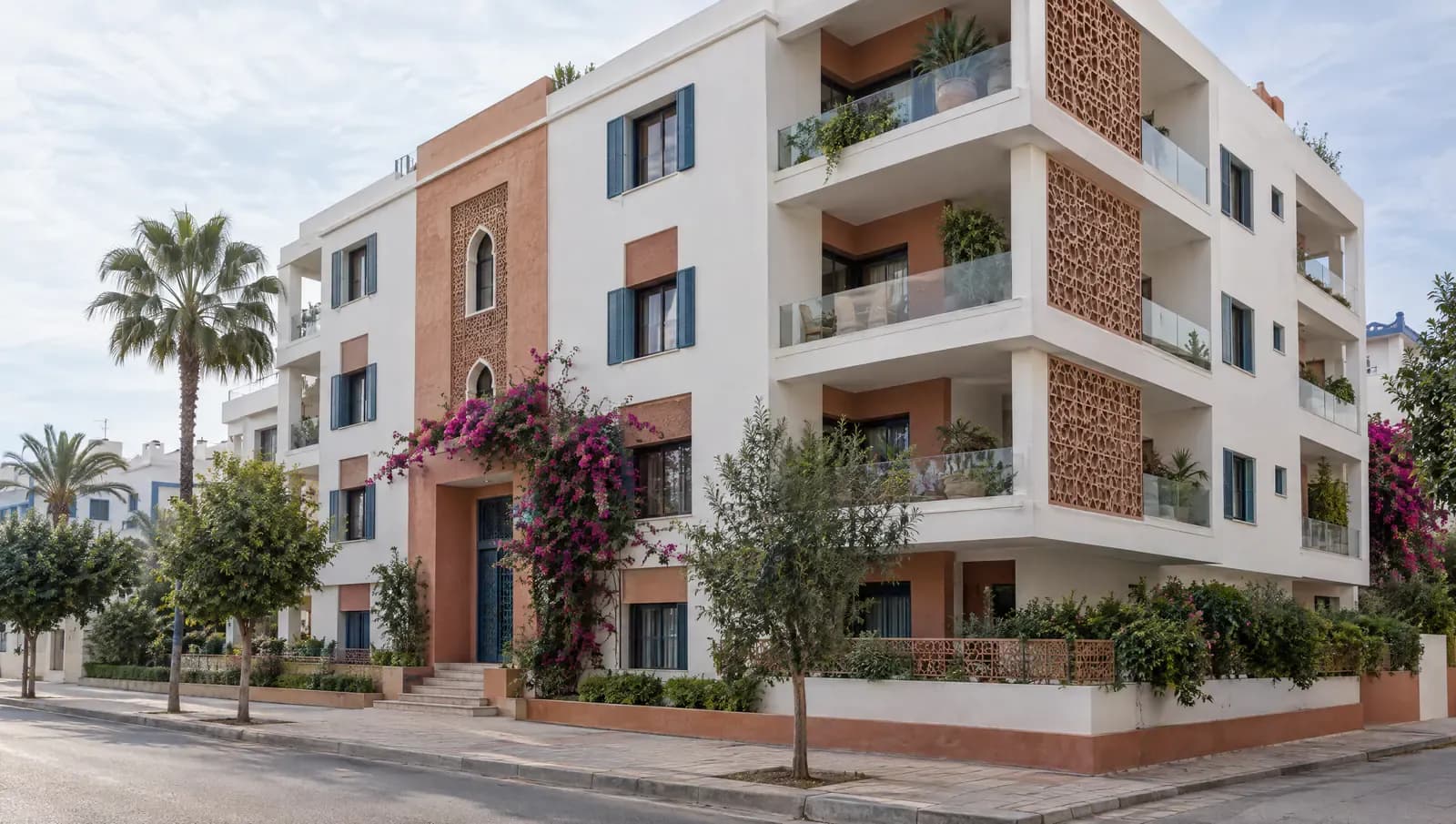 Façade d’un immeuble résidentiel blanc et ocre, avec balcons, moucharabiehs et bougainvillier