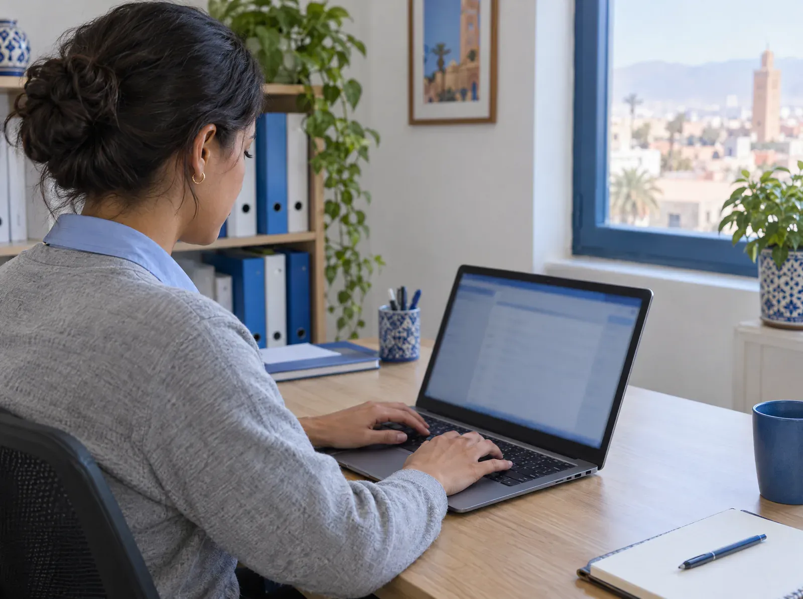 Personne travaillant sur un ordinateur portable dans un bureau, vue de dos