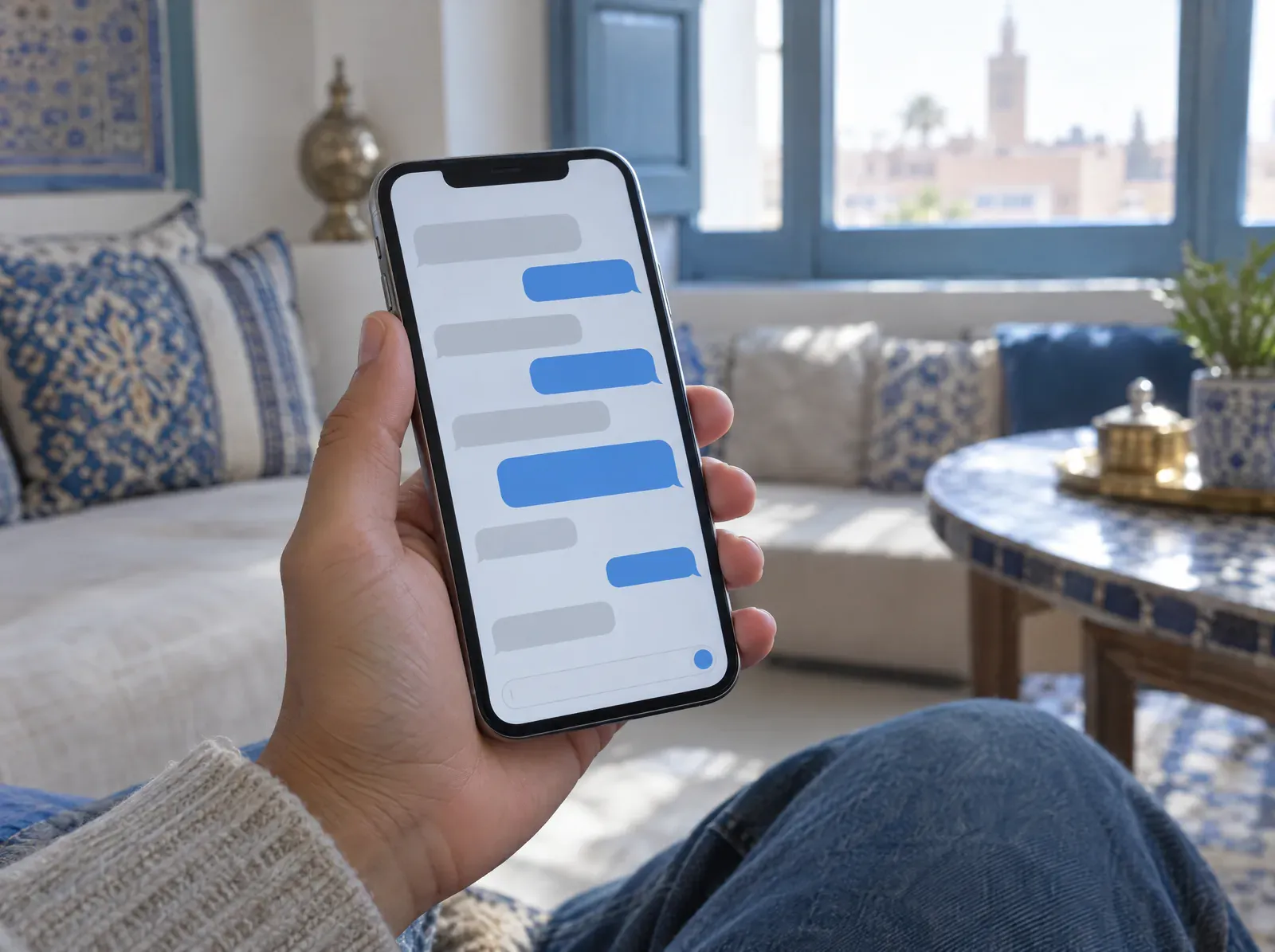 Main tenant un téléphone affichant une conversation, dans un salon
